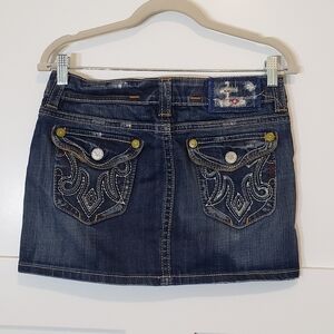 MEK Denim USA Mini Skirt Blue Jean Button Flap Pockets Stretch Size 27